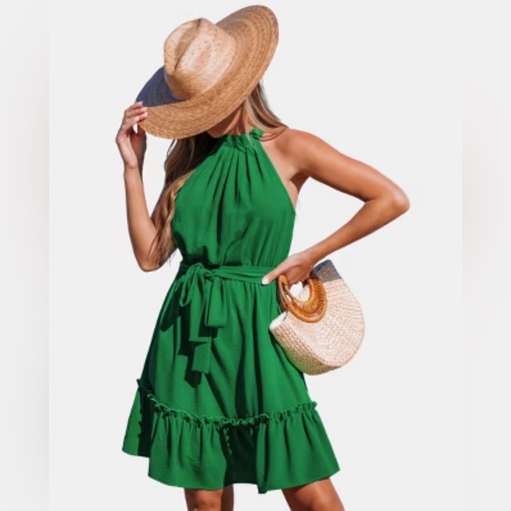 Women’s Green Halter Tiered Dress For Beach Getaways -Cupshe XL